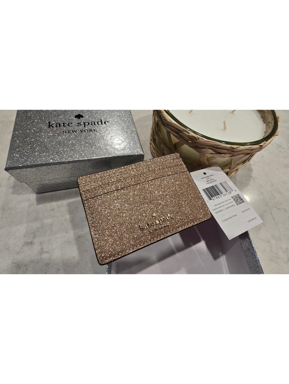 New w/box Kate Spade New York Glitter Card Holder in Rose Gold